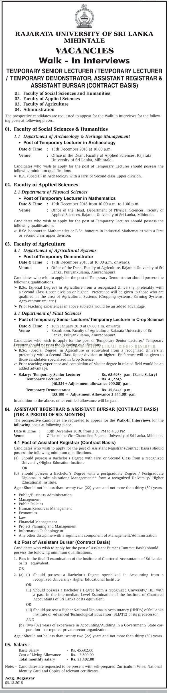 Temporary Senior Lecturer, Temporary Lecturer, Temporary Demonstrator, Assistant Registrar, Assistant Bursar - Rajarata University of Sri Lanka